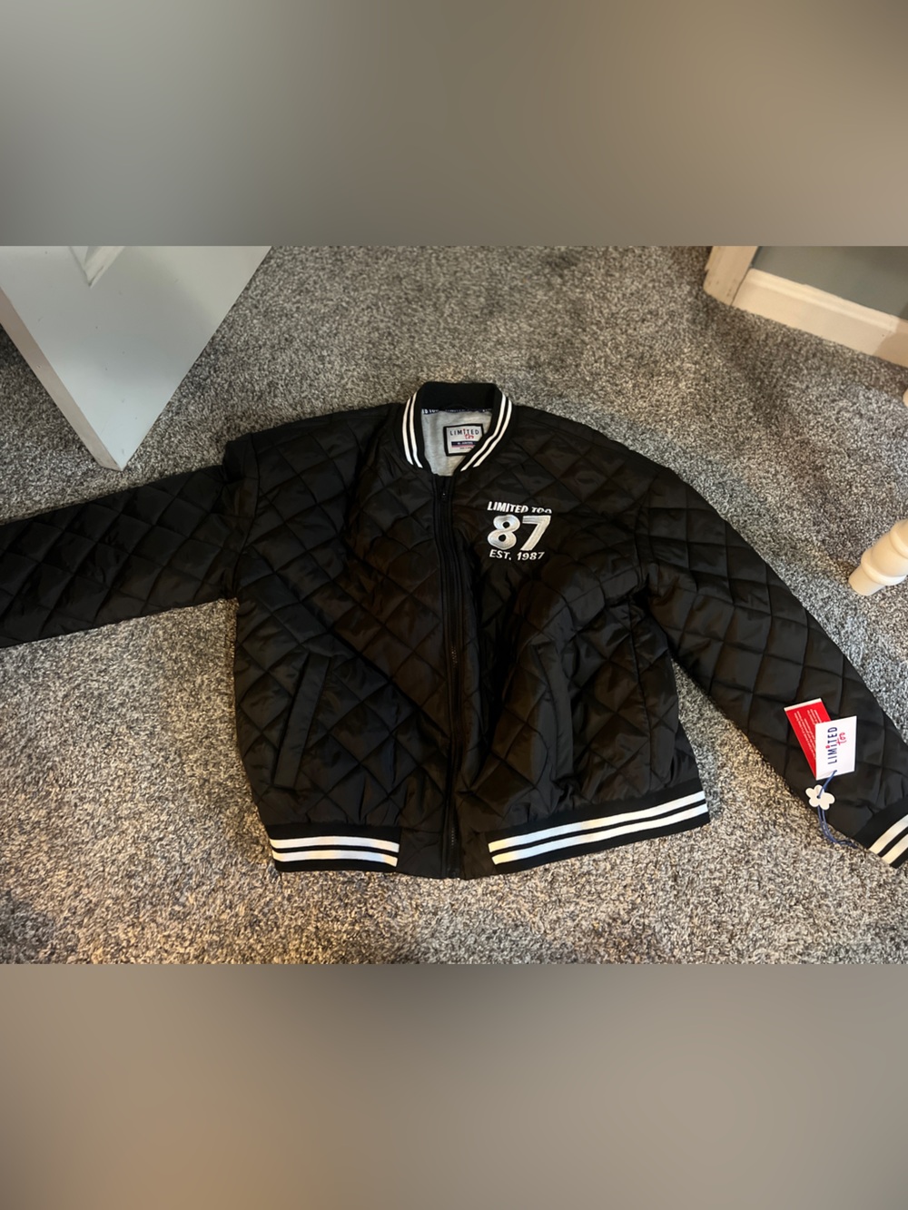 Limited Too Black Quilted Bomber Jacket with White Stripe Trim